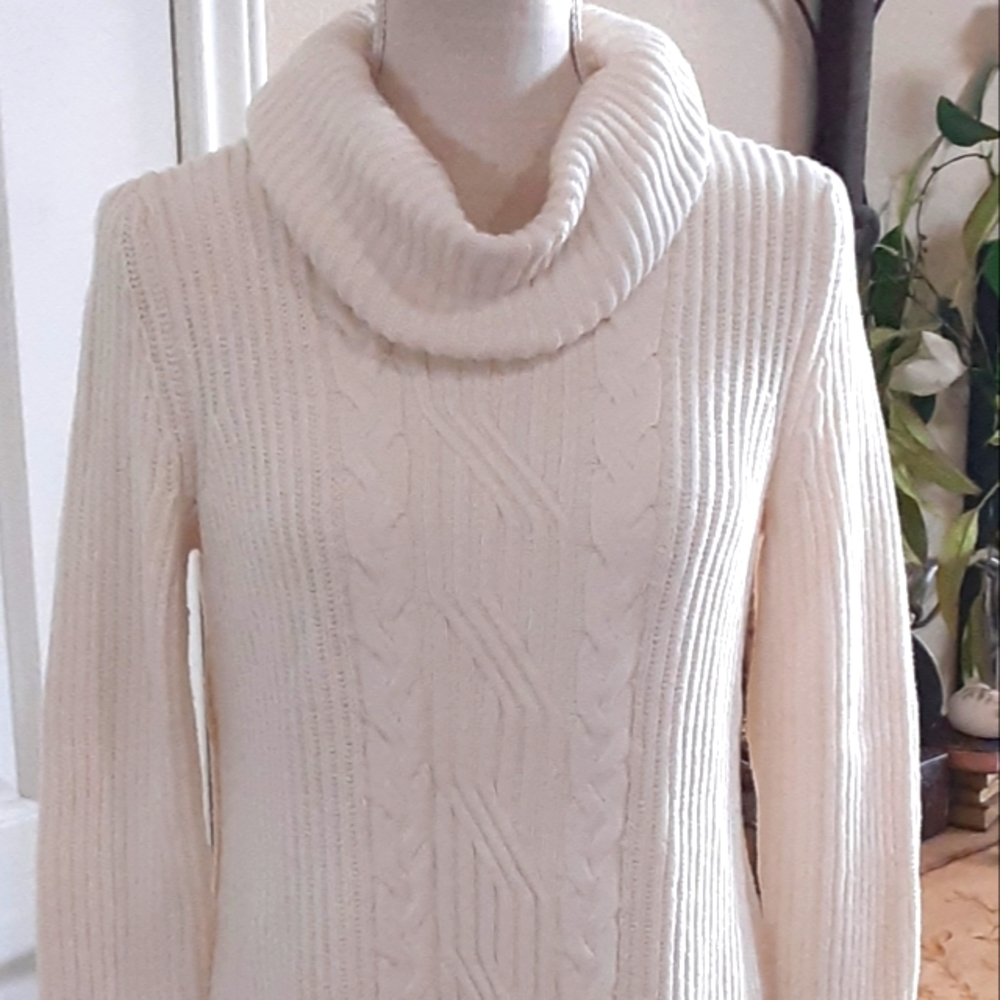 Talbots SP Ivory Cable Knit Cowl Neck Sweater Cotton Cashmere Petite Small